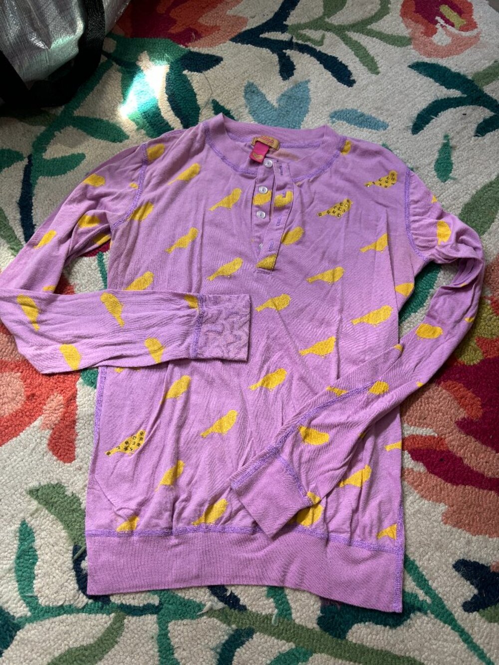 Primp long sleeve purple shirt with yellow bird print and crystal accents Size S